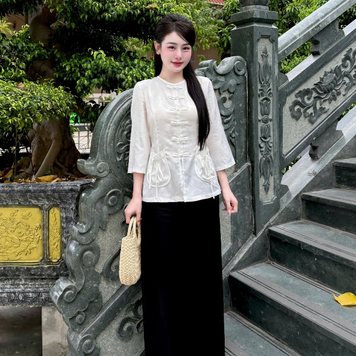 Mã áo lẻ -Đồ lam đi chùa nữ bộ pháp cổ tròn túi tiền lụa gấm chữ thọ mềm mại sang trọng mặc đi lễ chùa thanh lịch