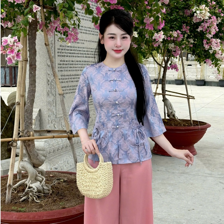 Mã áo lẻ -Đồ lam đi chùa nữ bộ pháp cổ tròn túi tiền lụa gấm chữ thọ mềm mại sang trọng mặc đi lễ chùa thanh lịch