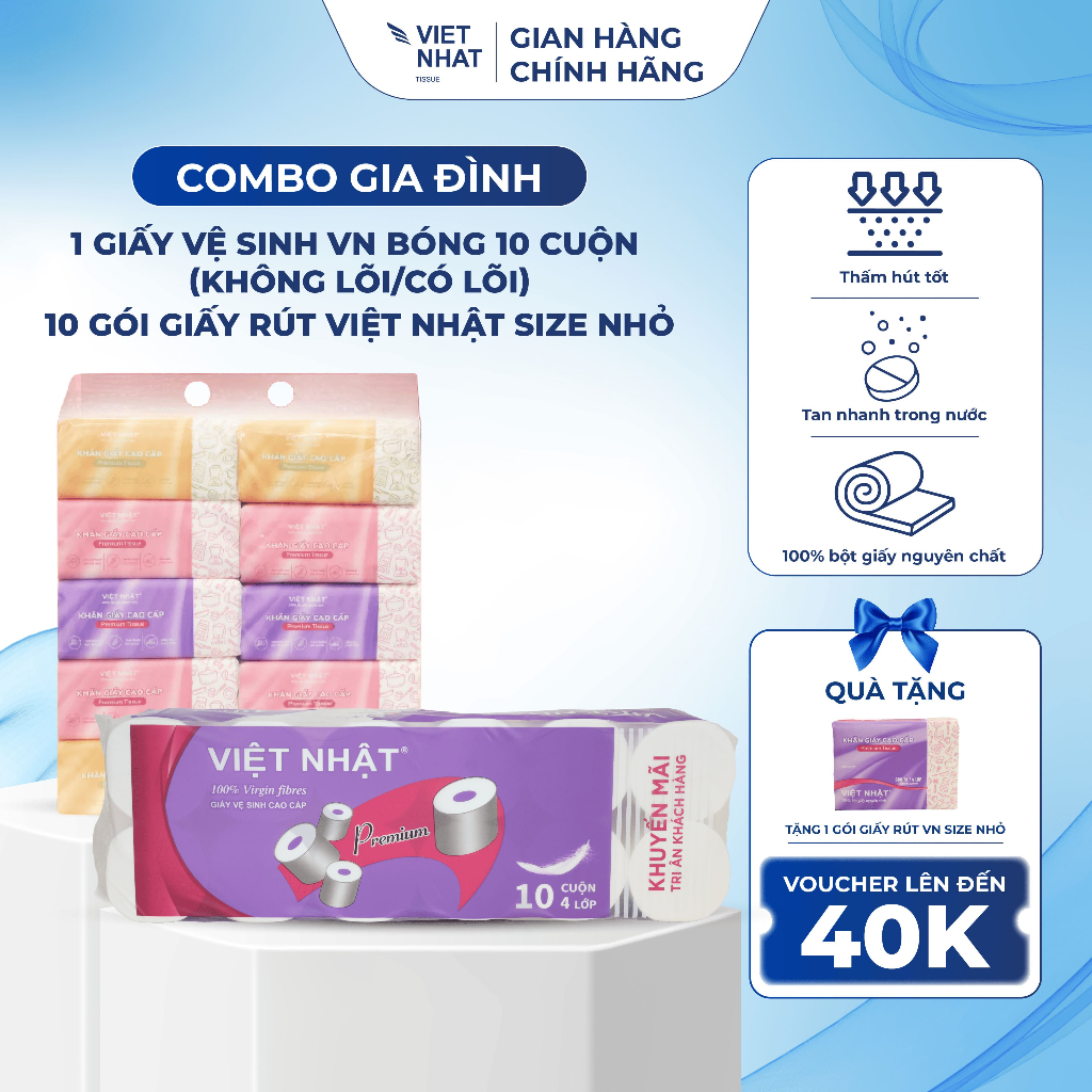 [COMBO GIA ĐÌNH] Giấy Vệ Sinh Việt Nhật Bóng Không Lõi/Có Lõi 12 Cuộn 4 Lớp - 10 Gói Giấy Rút Việt Nhật Size Nhỏ An Toàn