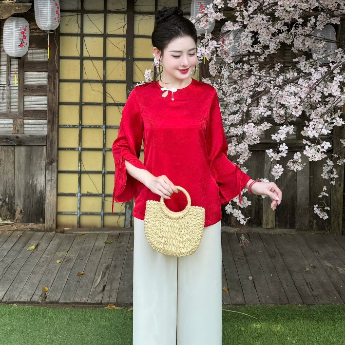 Đồ lam đi chùa nữ bộ pháp phục cổ tròn giọt lệ cúc tết lụa mềm mại thanh lịch đi lễ tết đền chùa 4 size S,M,L,XL