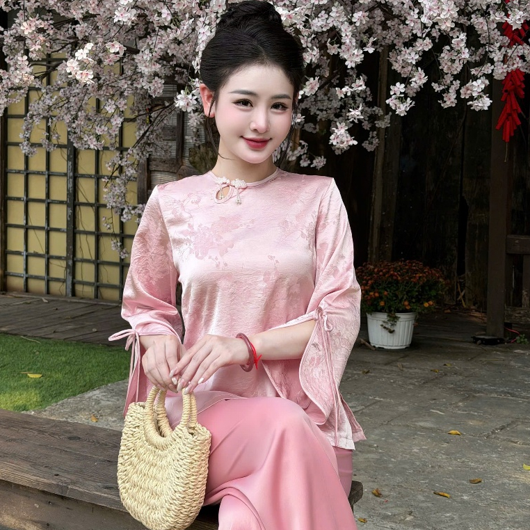 Đồ lam đi chùa nữ bộ pháp phục cổ tròn giọt lệ cúc tết lụa mềm mại thanh lịch đi lễ tết đền chùa 4 size S,M,L,XL