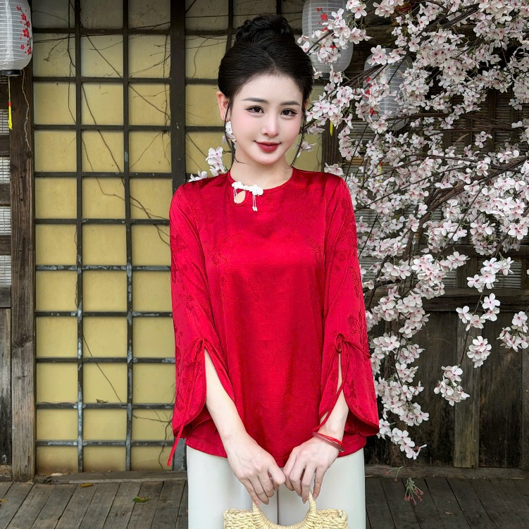 Đồ lam đi chùa nữ bộ pháp phục cổ tròn giọt lệ cúc tết lụa mềm mại thanh lịch đi lễ tết đền chùa 4 size S,M,L,XL