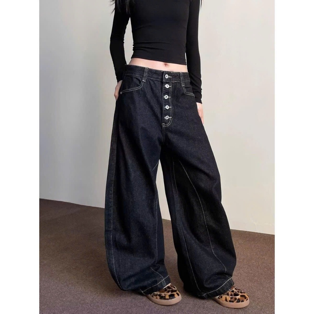 (Sẵn S đen, be M) Quần jean ống rộng cong dáng bí màu đen be trơn phối nhiều khuy cài unisex QJ021 - Tiktik