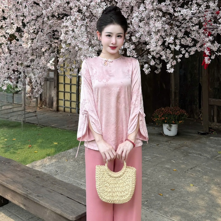 Đồ lam đi chùa nữ bộ pháp phục cổ tròn giọt lệ cúc tết lụa mềm mại thanh lịch đi lễ tết đền chùa 4 size S,M,L,XL