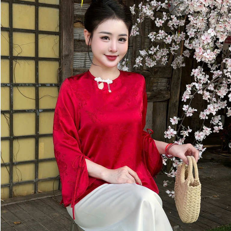 Đồ lam đi chùa nữ bộ pháp phục cổ tròn giọt lệ cúc tết lụa mềm mại thanh lịch đi lễ tết đền chùa 4 size S,M,L,XL