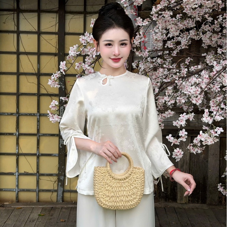 Đồ lam đi chùa nữ bộ pháp phục cổ tròn giọt lệ tay xẻ lụa gấm cao cấp tiểu thư sang trọng 4 size S,M,L,XL