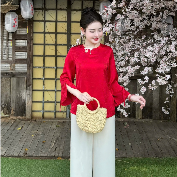 Đồ lam đi chùa nữ bộ pháp phục cổ tròn giọt lệ tay xẻ lụa gấm cao cấp tiểu thư sang trọng 4 size S,M,L,XL