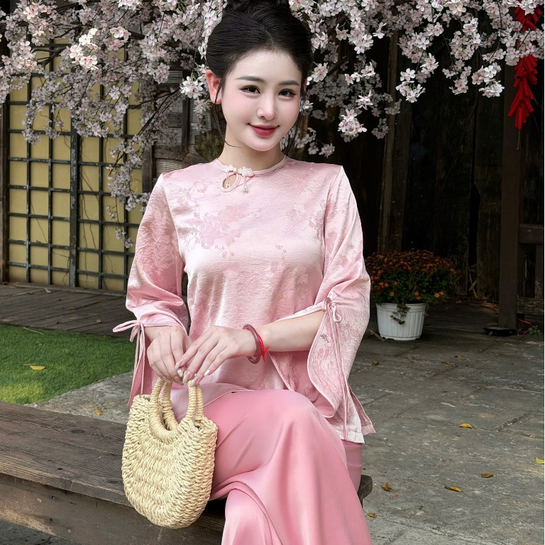 Đồ lam đi chùa nữ bộ pháp phục cổ tròn giọt lệ tay xẻ lụa gấm cao cấp tiểu thư sang trọng 4 size S,M,L,XL