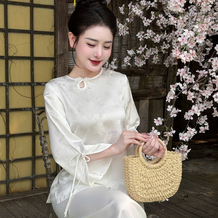 Đồ lam đi chùa nữ bộ pháp phục cổ tròn giọt lệ tay xẻ lụa gấm cao cấp tiểu thư sang trọng 4 size S,M,L,XL