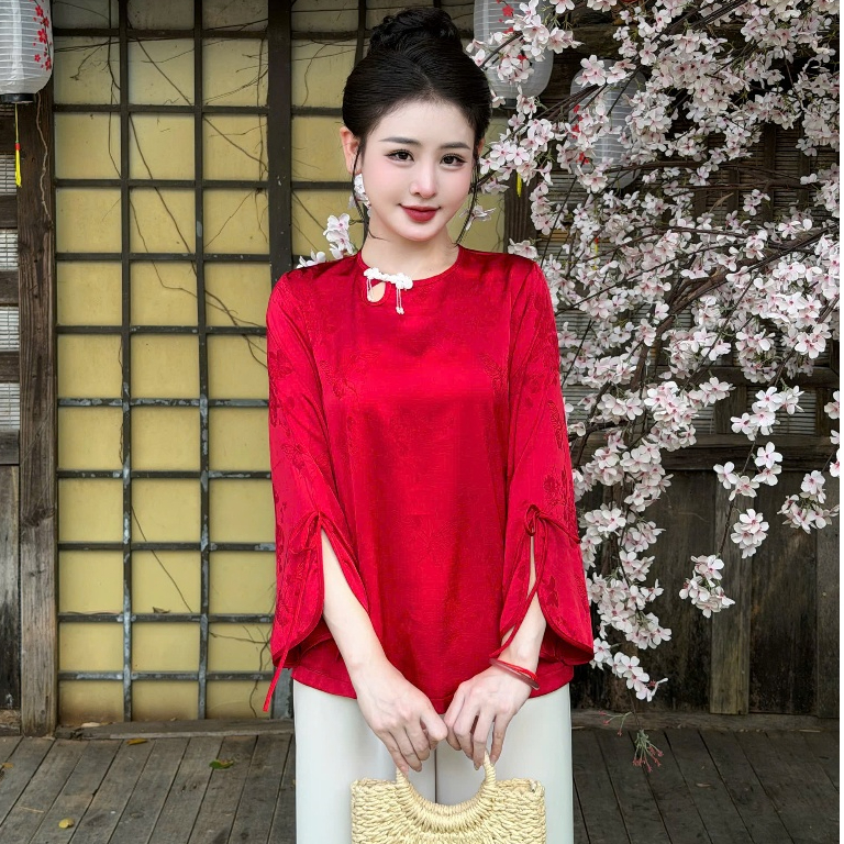 Đồ lam đi chùa nữ bộ pháp phục cổ tròn giọt lệ tay xẻ lụa gấm cao cấp tiểu thư sang trọng 4 size S,M,L,XL