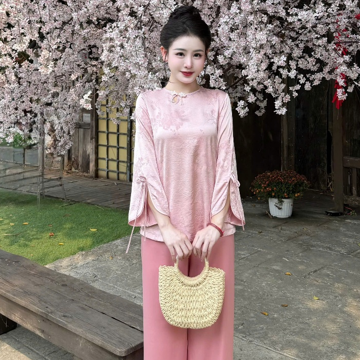 Đồ lam đi chùa nữ bộ pháp phục cổ tròn giọt lệ tay xẻ lụa gấm cao cấp tiểu thư sang trọng 4 size S,M,L,XL