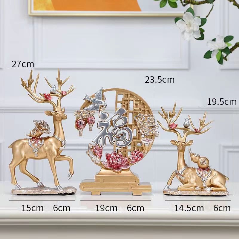 Bộ hươu kèm chữ phúc xanh, vàng decor nhà cửa