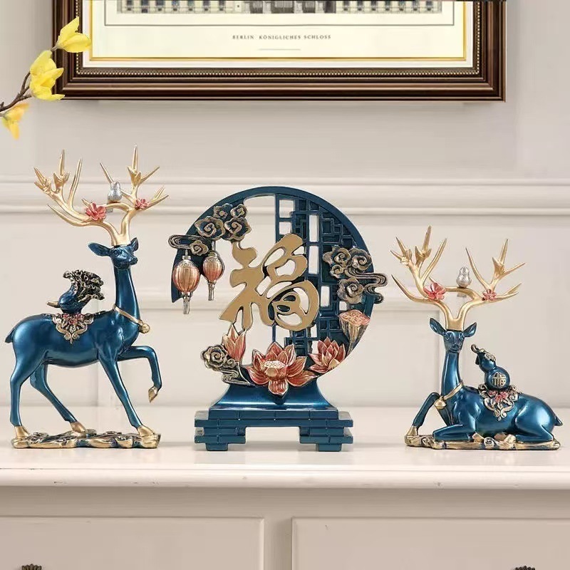 Bộ hươu kèm chữ phúc xanh, vàng decor nhà cửa