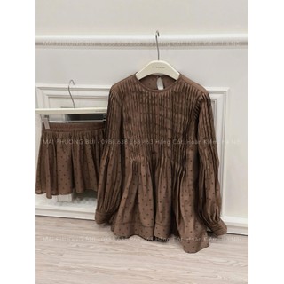 Combo bộ áo blouse form xòe dập ly phối tay bồng