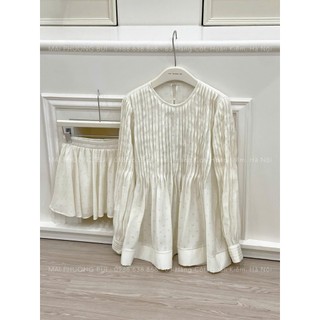 Combo bộ áo blouse form xòe dập ly phối tay bồng