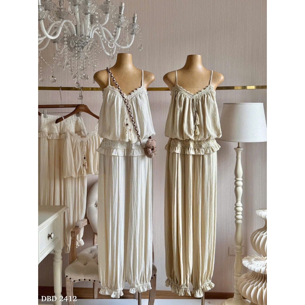 ZIMM STORE-Combo trang phục dạo phố vintage áo 2 dây tầng xòe phối quần ống túm