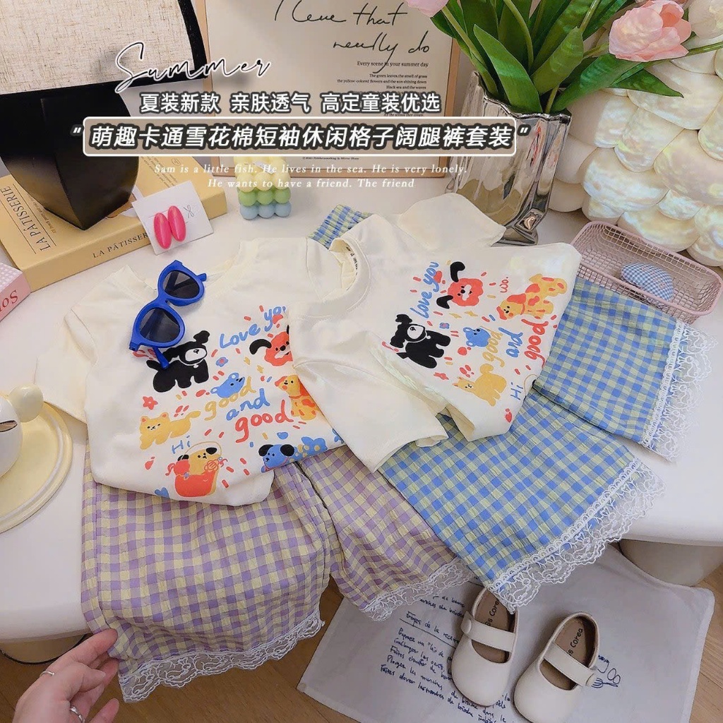 Bộ quần xuông gấu ren áo phông cộc tay cho bé gái 13-46kg