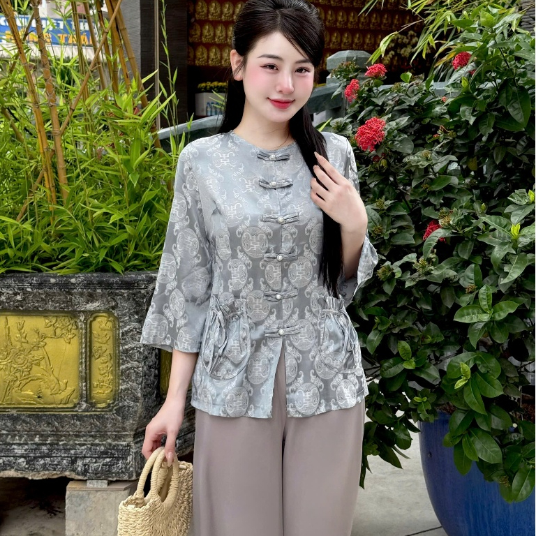 Đồ lam đi chùa nữ bộ pháp phục cổ tròn túi tiền lụa gấm chữ thọ siêu xinh sang trọng tinh tế phù hợp đi lễ chùa
