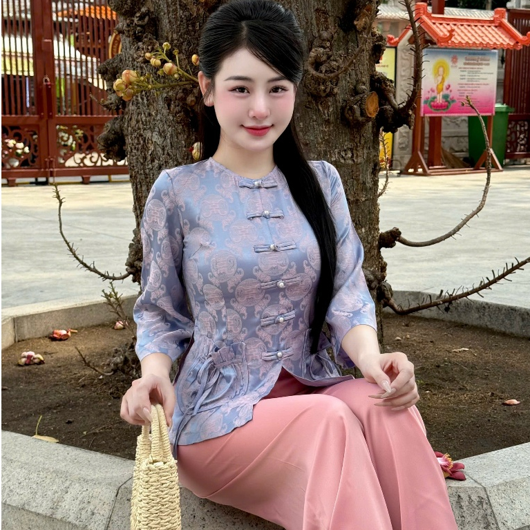 Đồ lam đi chùa nữ bộ pháp phục cổ tròn túi tiền lụa gấm chữ thọ siêu xinh sang trọng tinh tế phù hợp đi lễ chùa