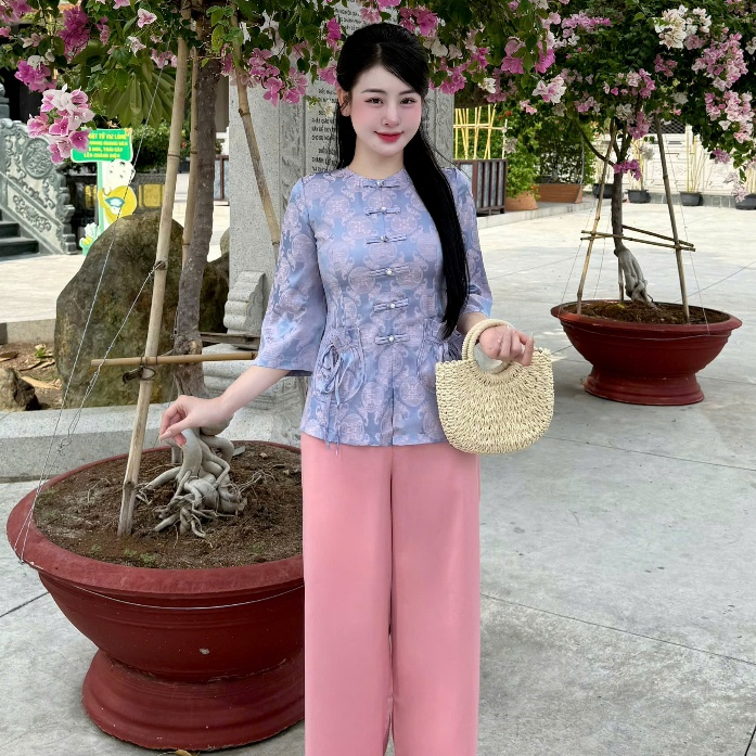 Đồ lam đi chùa nữ bộ pháp phục cổ tròn túi tiền lụa gấm chữ thọ siêu xinh sang trọng tinh tế phù hợp đi lễ chùa