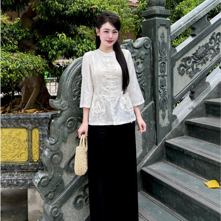 Đồ lam đi chùa nữ bộ pháp phục cổ tròn túi tiền lụa gấm chữ thọ siêu xinh sang trọng tinh tế phù hợp đi lễ chùa