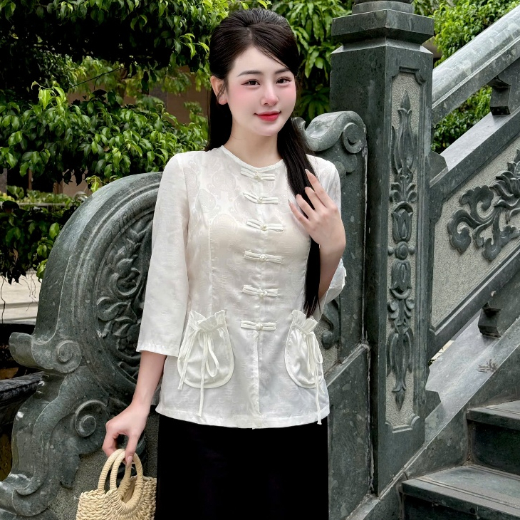 Đồ lam đi chùa nữ bộ pháp phục cổ tròn túi tiền lụa gấm chữ thọ siêu xinh sang trọng tinh tế phù hợp đi lễ chùa