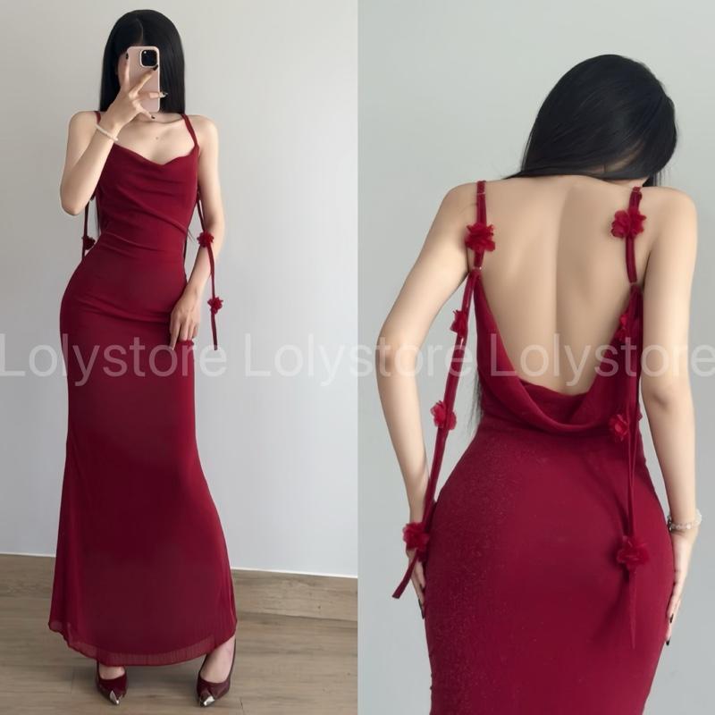 Đầm body nữ lưới dẻo ánh bling bling cổ đỗ đính hoa điệu đà sang chảnh Lolystore XY745