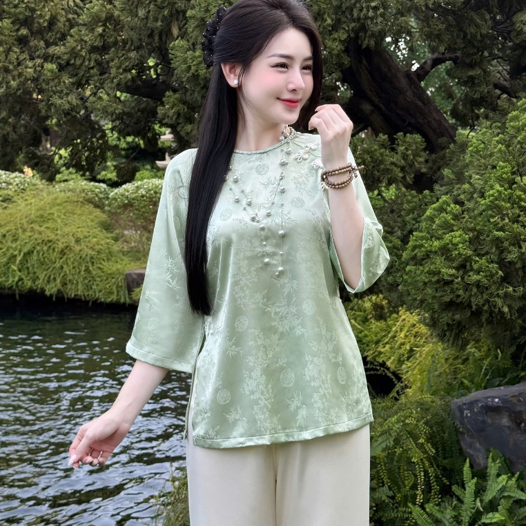 Đồ Lam Đi Chùa Nữ Cao Cấp Lụa Gấm Trúc Cổ Tết Đính Nơ Thanh Lịch Tiểu Thư 4 Size S,M,LXL