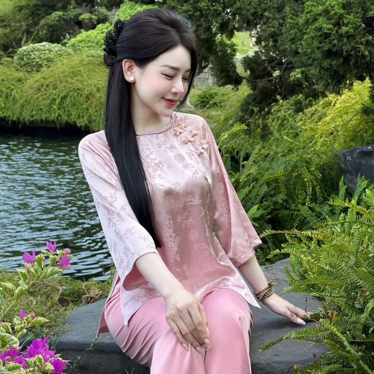Đồ Lam Đi Chùa Nữ Cao Cấp Lụa Gấm Trúc Cổ Tết Đính Nơ Thanh Lịch Tiểu Thư 4 Size S,M,LXL