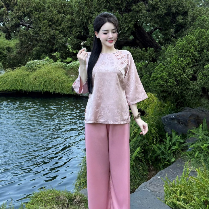 Đồ Lam Đi Chùa Nữ Cao Cấp Lụa Gấm Trúc Cổ Tết Đính Nơ Thanh Lịch Tiểu Thư 4 Size S,M,LXL