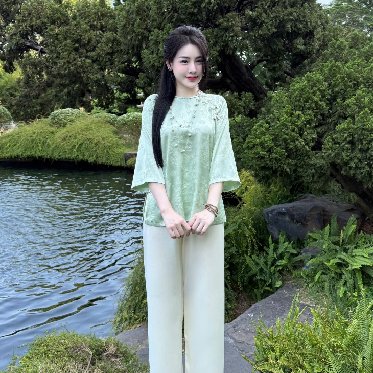 Đồ Lam Đi Chùa Nữ Cao Cấp Lụa Gấm Trúc Cổ Tết Đính Nơ Thanh Lịch Tiểu Thư 4 Size S,M,LXL
