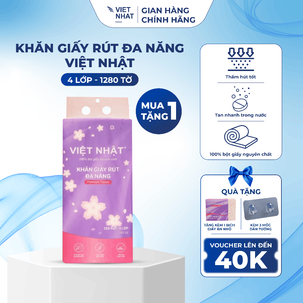[MUA 1 TẶNG 1] COMBO DÙNG THỬ - 1 Gói Giấy Rút Treo Tường Việt Nhật Tặng 1 Gói Giấy Rút Nhỏ Thấm Hút Tốt (Kèm Móc Treo)