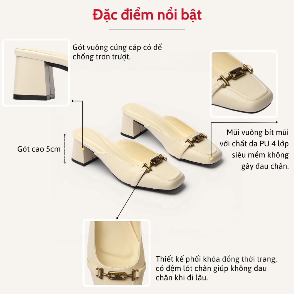 Giày Sục Nữ 5cm Mũi Vuông Gắn Khoá Nhỏ Thời Trang Pixie H446