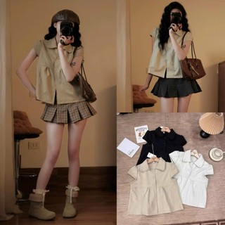 Áo Sơ Mi Cổ Peter Pan Cúc Bọc Tay Cánh Tiên Dáng Lỡ Chiết Ly Ngực DN654 – Áo Nữ Vintage Ngọt Ngào, Outfit Mùa Hè Du Lịch