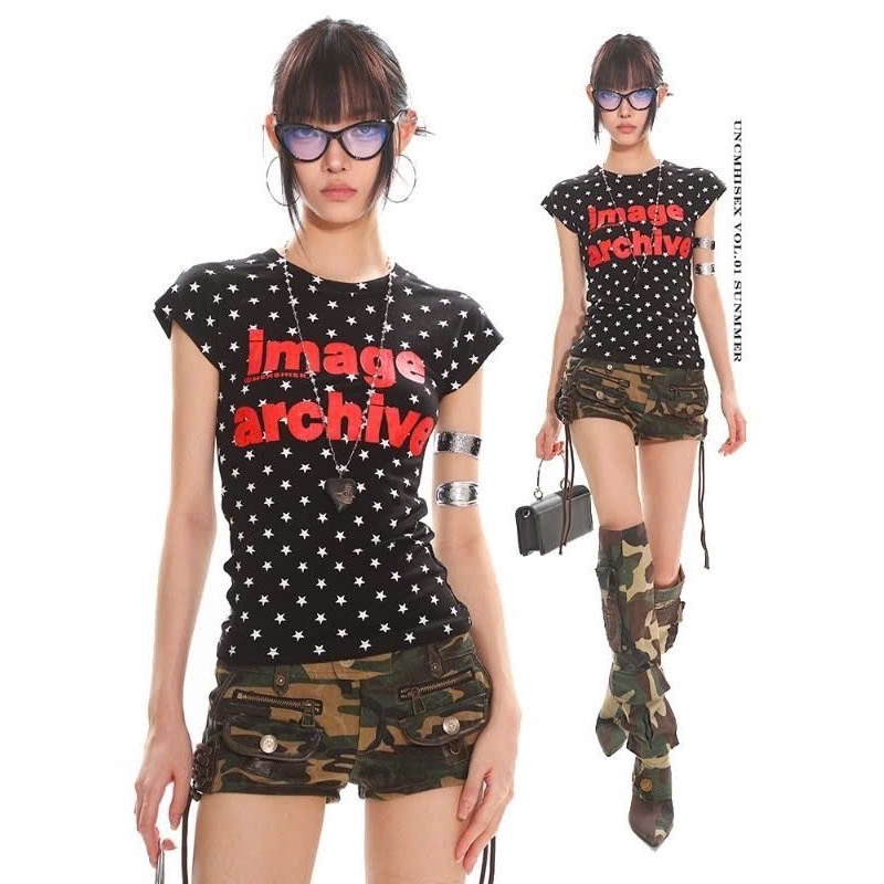(sẵn)Áo thun baby tee chấm bi màu đen chữ đỏ Archive cá tính phong cách y2k chất cotton co giãn ABBT063 - Tiktik