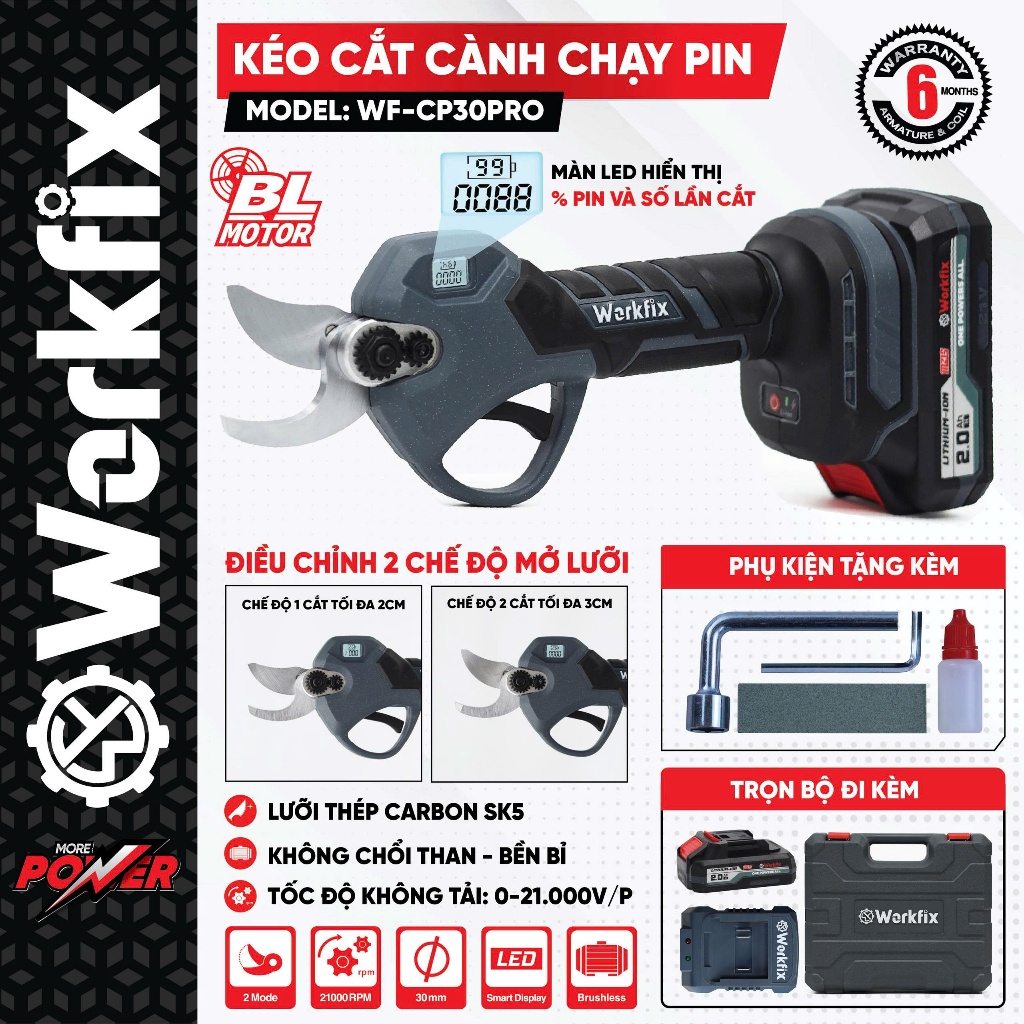 Kéo cắt cành dùng pin WORKFIX WF-CP30PRO, Đường kính cắt 3cm - Màn Led báo % Pin - Không chổi than