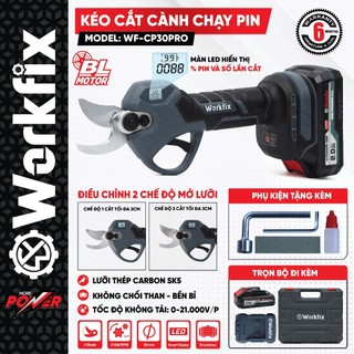 Kéo cắt cành dùng pin WORKFIX WF-CP30PRO - Màn hình led báo % Pin - Công tắc bóp - Cắt tỉa cành cây