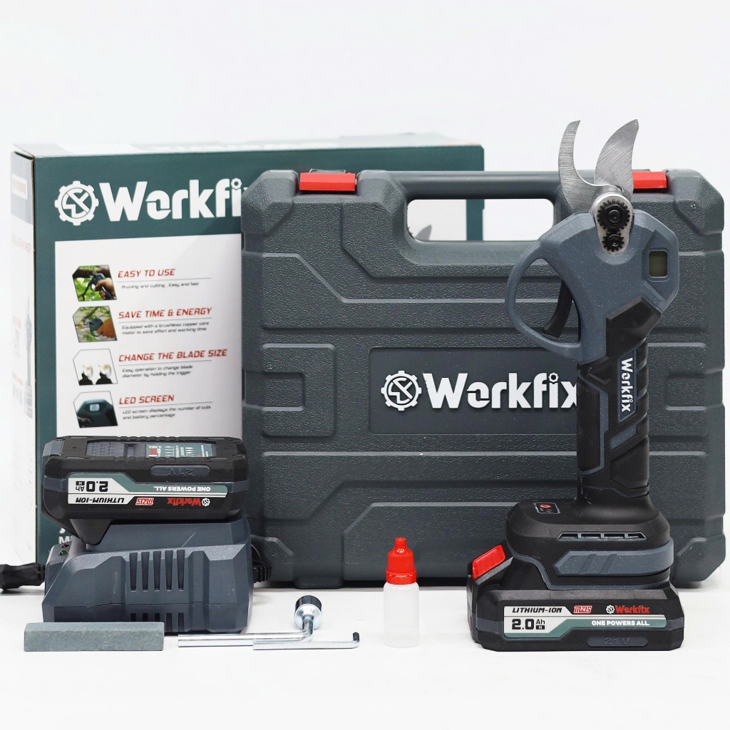 Kéo cắt cành dùng pin WORKFIX WF-CP30PRO, Đường kính cắt 3cm - Màn Led báo % Pin - Không chổi than