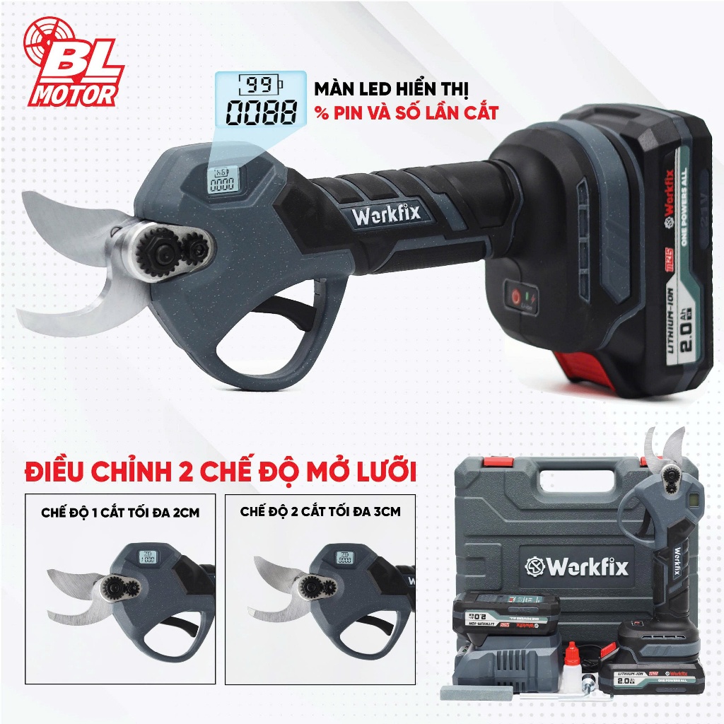 Kéo cắt cành dùng pin WORKFIX WF-CP30PRO, Đường kính cắt 3cm - Màn Led báo % Pin - Không chổi than