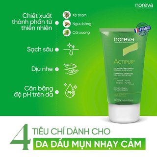 Gel rửa mặt sạch sâu dịu nhẹ dành cho da dầu mụn Noreva Actipur Dermo - Cleansing Gel 150ml