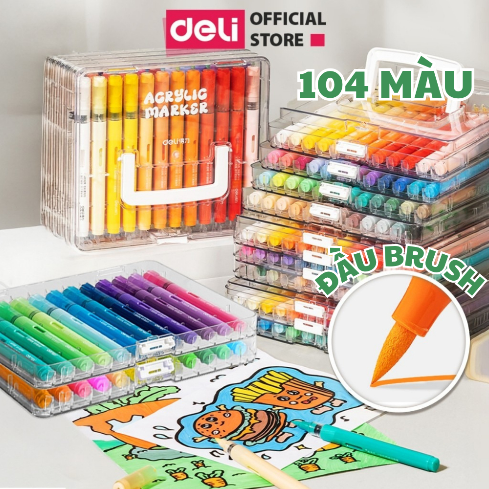 [104 MÀU] Bút Màu Acrylic Marker Roller Free Ink Đầu Lông Mềm Deli 60 Màu Vẽ Mọi Chất Liệu Bullet Journal Tiết Kiệm Mực - 