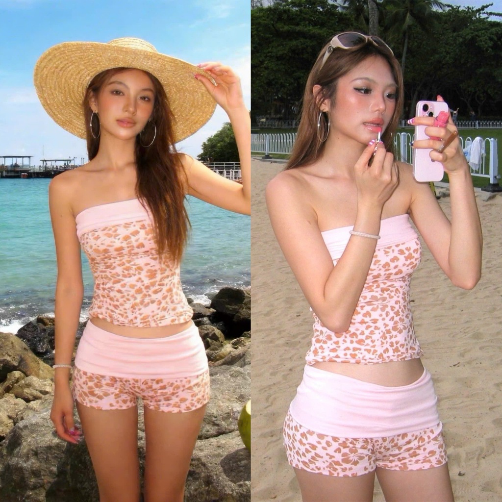 (sẵn)Set áo quây sẵn mút và short ngắn cạp trễ màu hồng pastel nữ tính hoạ tiết beo đi biển co giãn SET007 - Tiktik