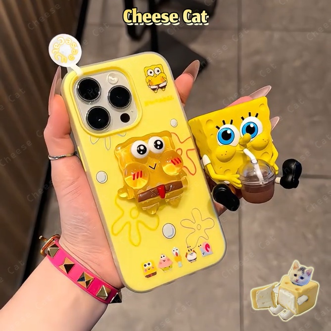 Màu vàng 3D dễ thương miếng bọt biển Ốp điện thoại và chữ H cho iPhone 13 14 15 11 12 16 17 Pro Max/Plus Xs Max XR