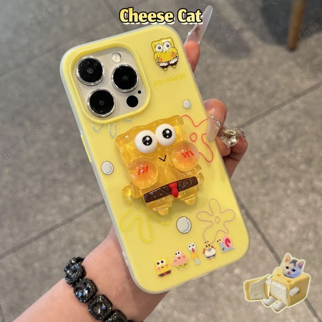 Màu vàng 3D dễ thương miếng bọt biển Ốp điện thoại và chữ H cho iPhone 13 14 15 11 12 16 17 Pro Max/Plus Xs Max XR
