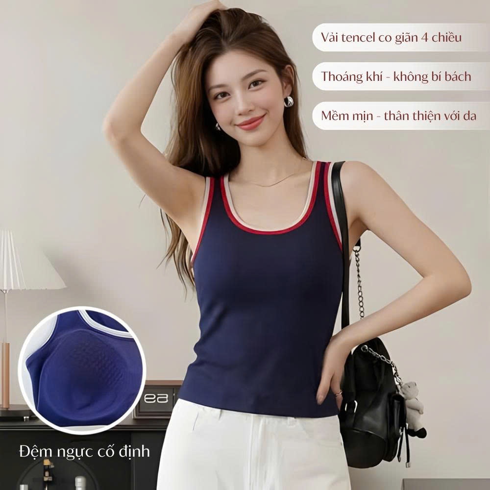 Áo Ba Lỗ Nữ Có Sẵn Mút Ngực, Áo Tank Top Nữ Chất Liệu Tencel Ôm Body Phong Cách Thể Thao 8008