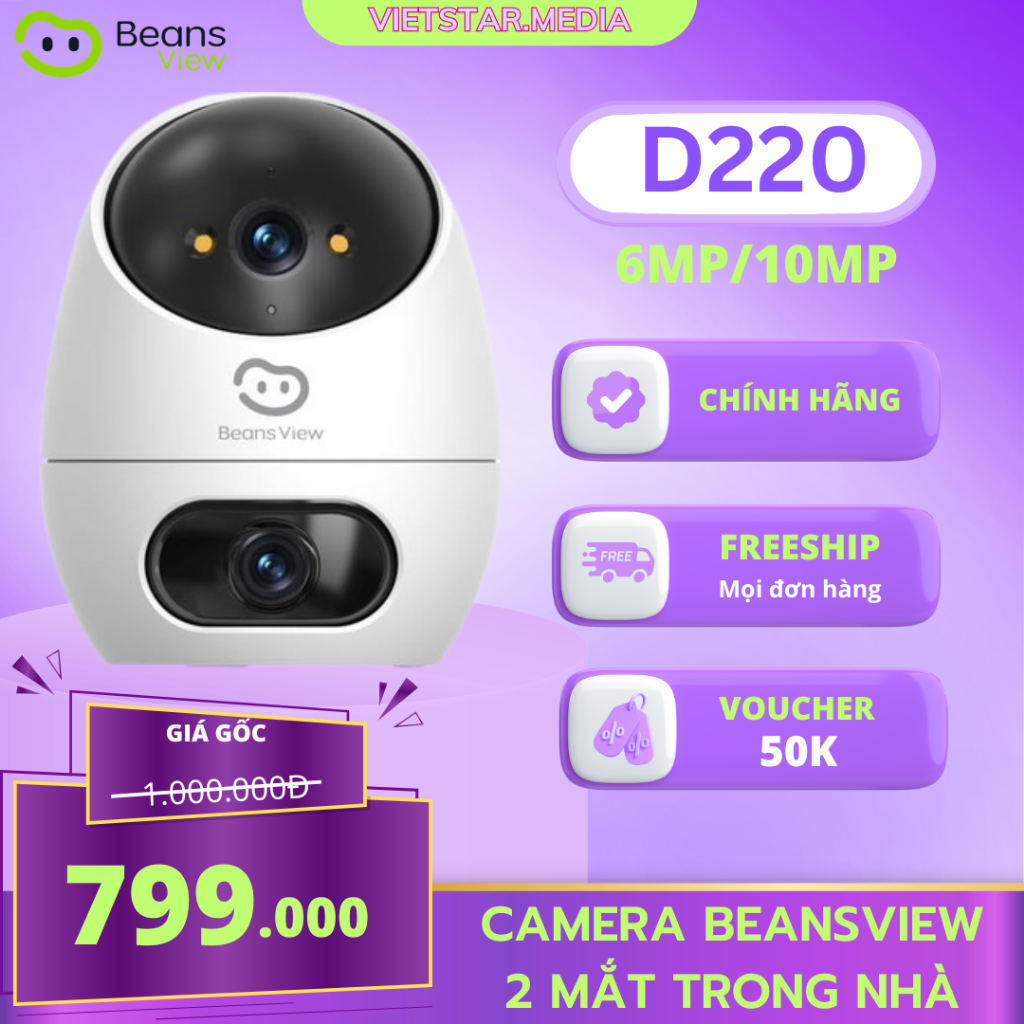 Camera Beansview D220 2 Ống Kính 6MP/10MP Trong Nhà – Camera Wifi Dual Lens Xoay 360, Gọi Khẩn Cấp, Bảo Hành 2 Năm