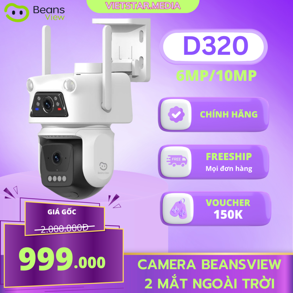 Camera Beansview Ngoài Trời D320 2 Ống Kính 6MP/10MP – Camera Wifi Dual Lens Xem 2 Màn Hình, Xoay 340°, Chống Nước IP65