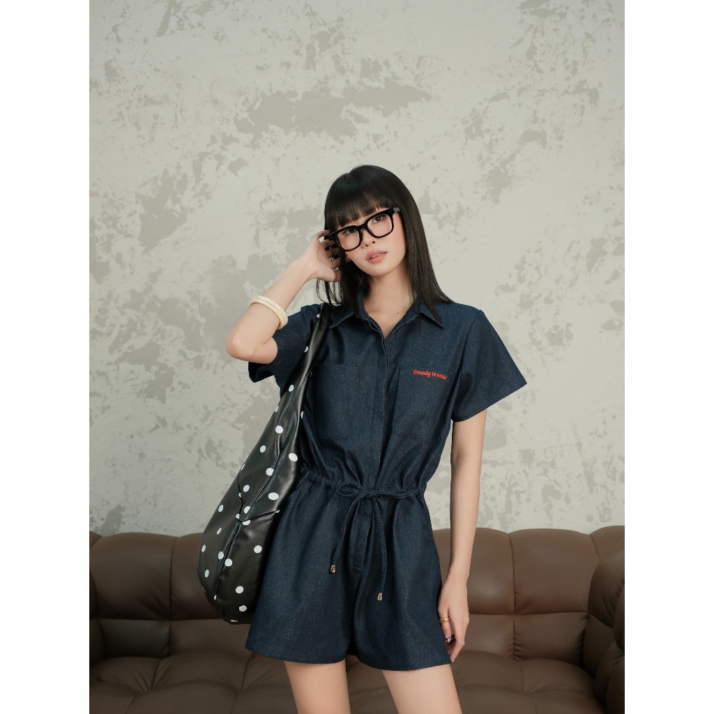 Jumpsuit jean nữ Selly Miều Est.2013 đồ liền thân quần ngắn thêu chữ Ready to wear trẻ trung
