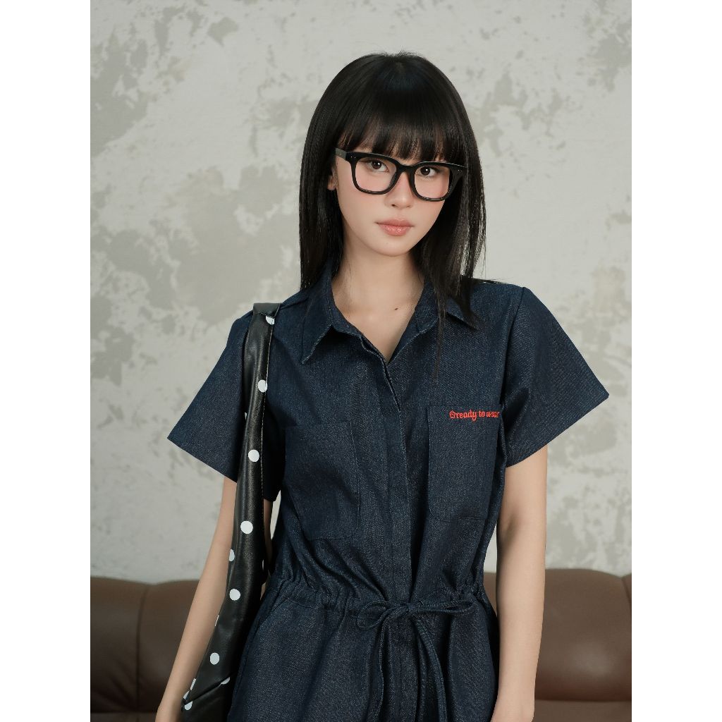 Jumpsuit jean nữ Selly Miều Est.2013 đồ liền thân quần ngắn thêu chữ Ready to wear trẻ trung