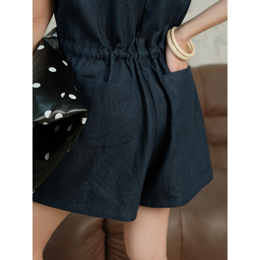 Jumpsuit jean nữ Selly Miều Est.2013 đồ liền thân quần ngắn thêu chữ Ready to wear trẻ trung